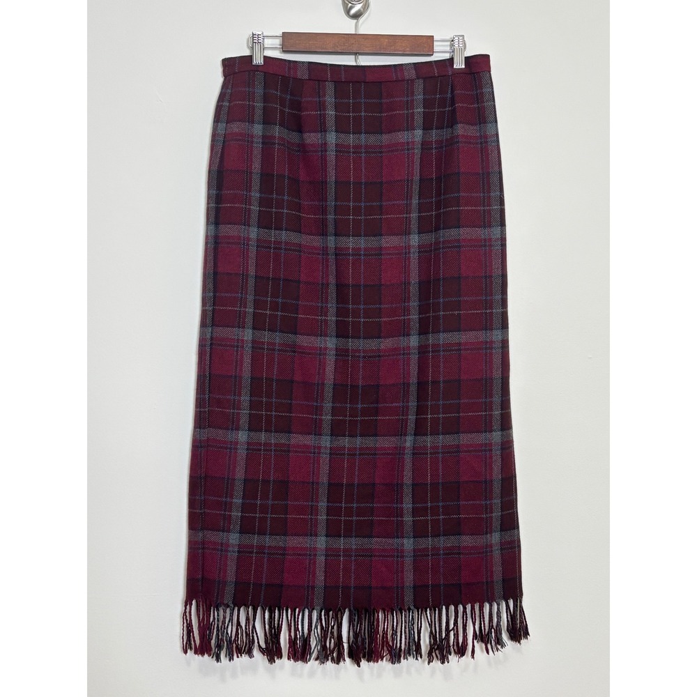Vintage Plaid Wool Blend Fringe Midi Skirt 14 Classic Academia Preppy Equestrian